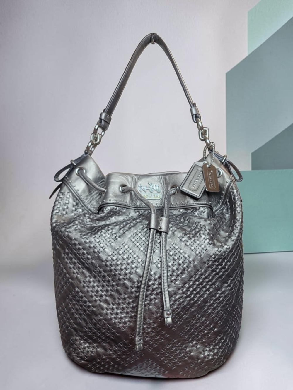 COACH Madison "Marielle" Woven Leather Drawstring Bucket Bag EUC